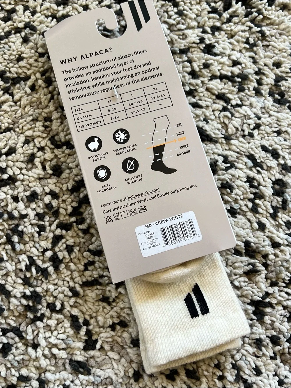 Hollow Alpaca Socks Crew White Unisex Adult Size Medium